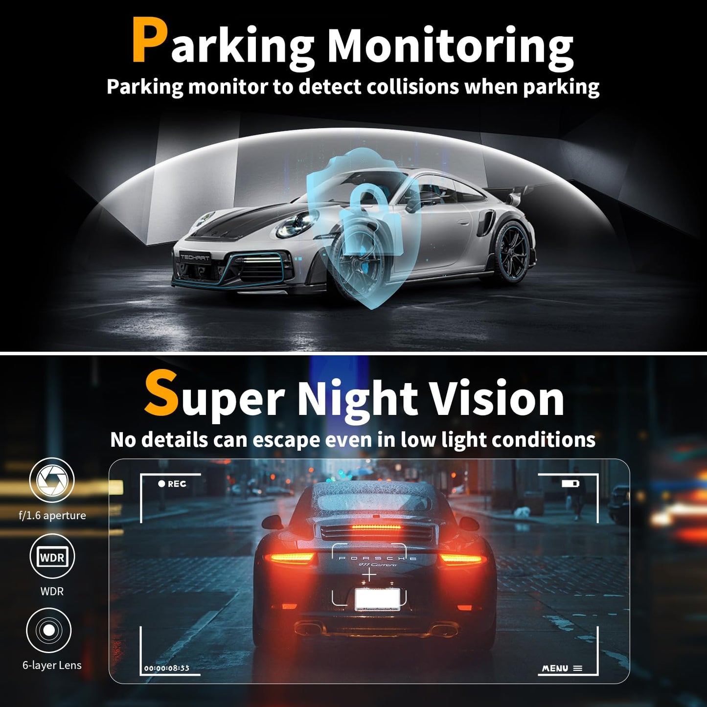 Dash Cam Front and Rear: 4K Dual Channel Dash Cam - 5GHz WiFi, Dash Camera for Cars with 64GB Card, 2.0" IPS Screen, App Control, G-Sensor, Loop Recording, 170° Wide Angle, Night Vision, Parking Mode