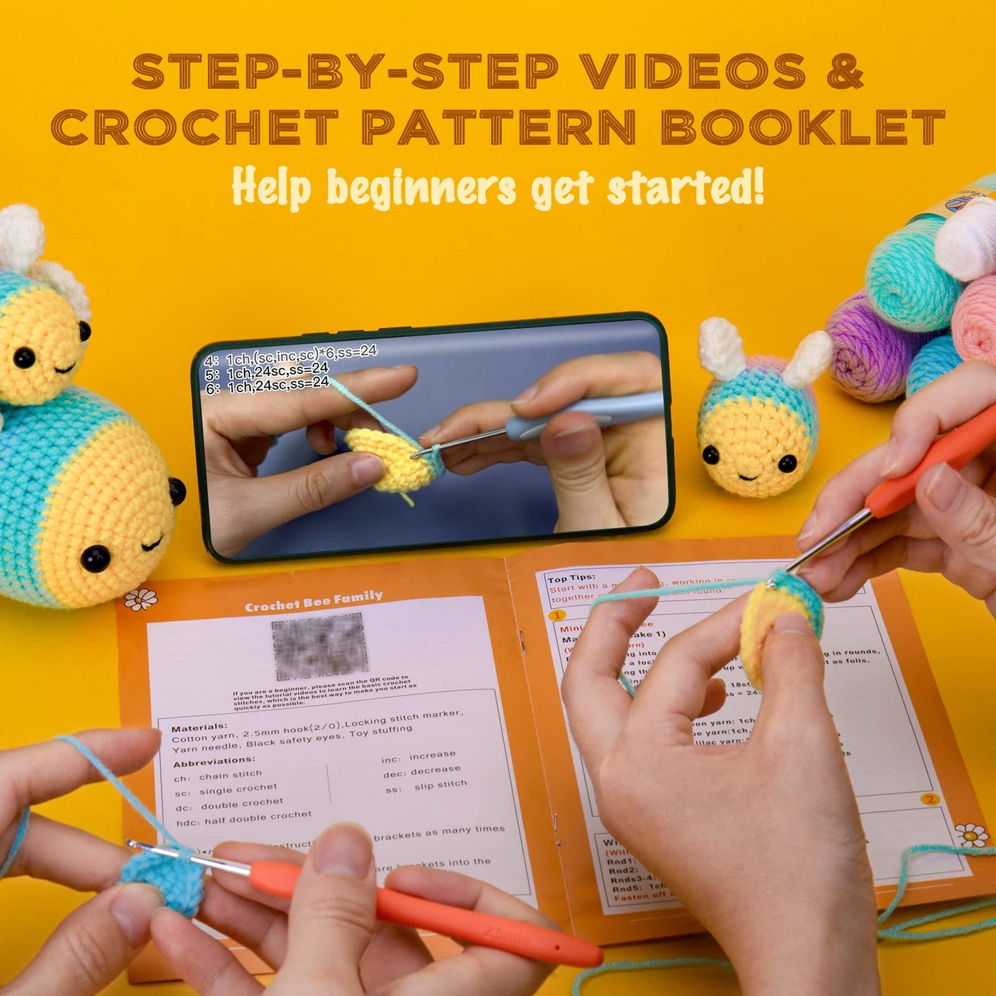 Crochetta Crochet Kit for Beginners - Starter Kit with Video Tutorials for Adults & Kids, Knitting Kit with 3 Bee Family (40%+ Yarn)