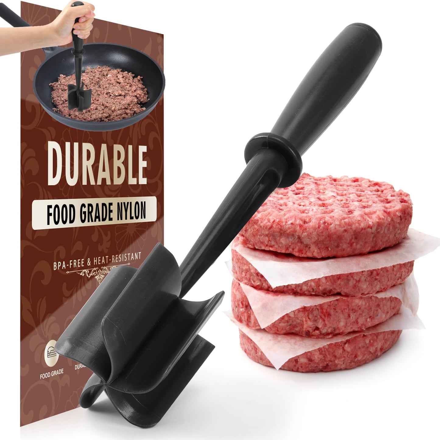 CUNSENR Premium Meat Chopper - 5 Curve Blade Ground Beef Smasher Tool - Heat-Resistant Nylon Meat Masher for Ground Beef, Hamburger, Potatoes - Non-Stick Ground Meat Chopper for Easy Mixing - Black