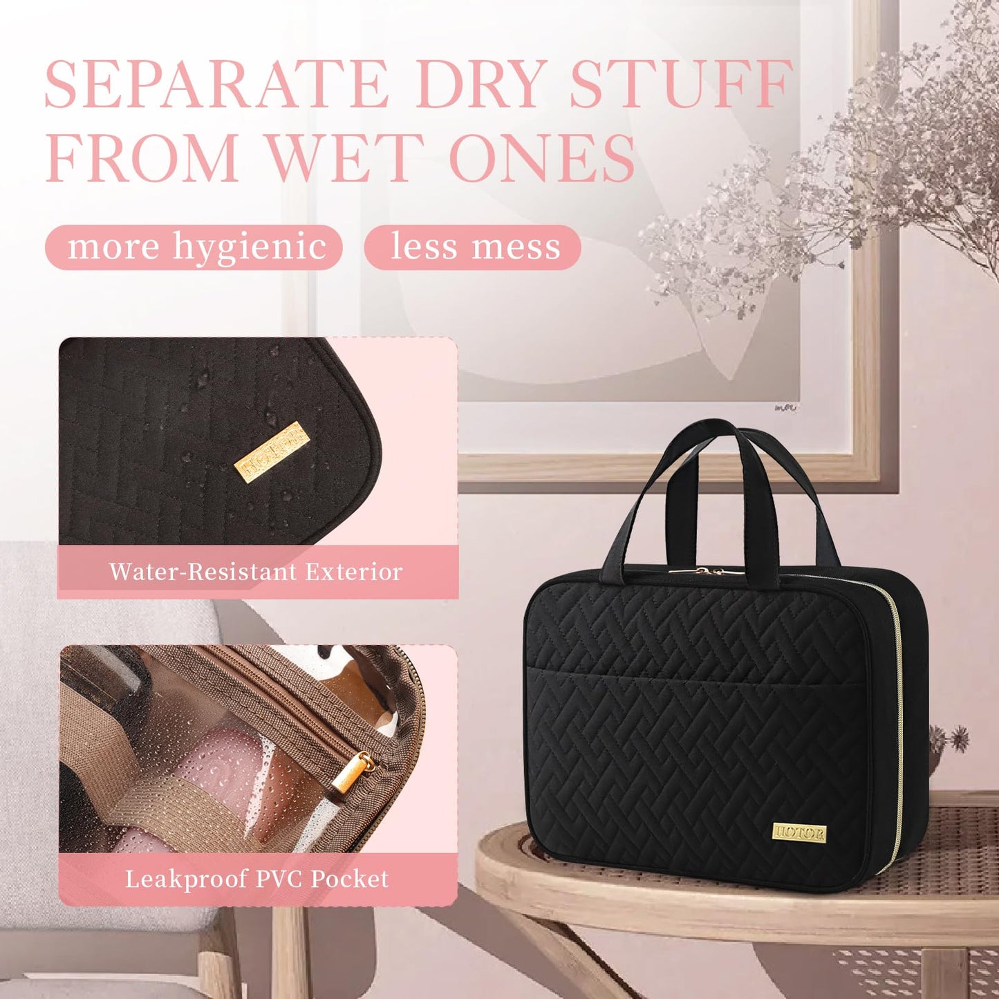 HOTOR Travel Toiletry Bag w/Hanging Hook - Spacious Toiletry Bag Essentials for Women & Men, Makeup Bag/Big Comparment, Waterproof for Travel Accessories, Medium, Black