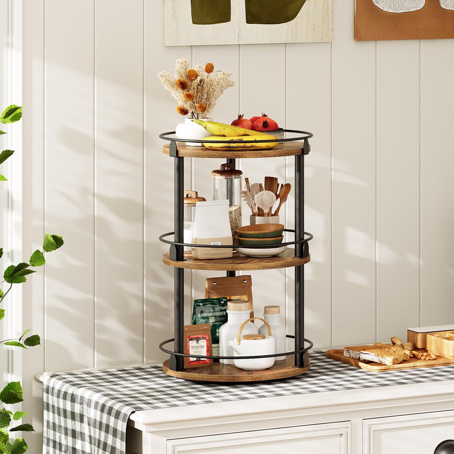 3-Tier Lazy Susan Organizer, Rotating Spice Rack, Spinning Organizer, Industrial Turntable Spice Rack Organizer for Cabinet, Kitchen Countertop, Pantry, Rustic Brown and Black SR23BR