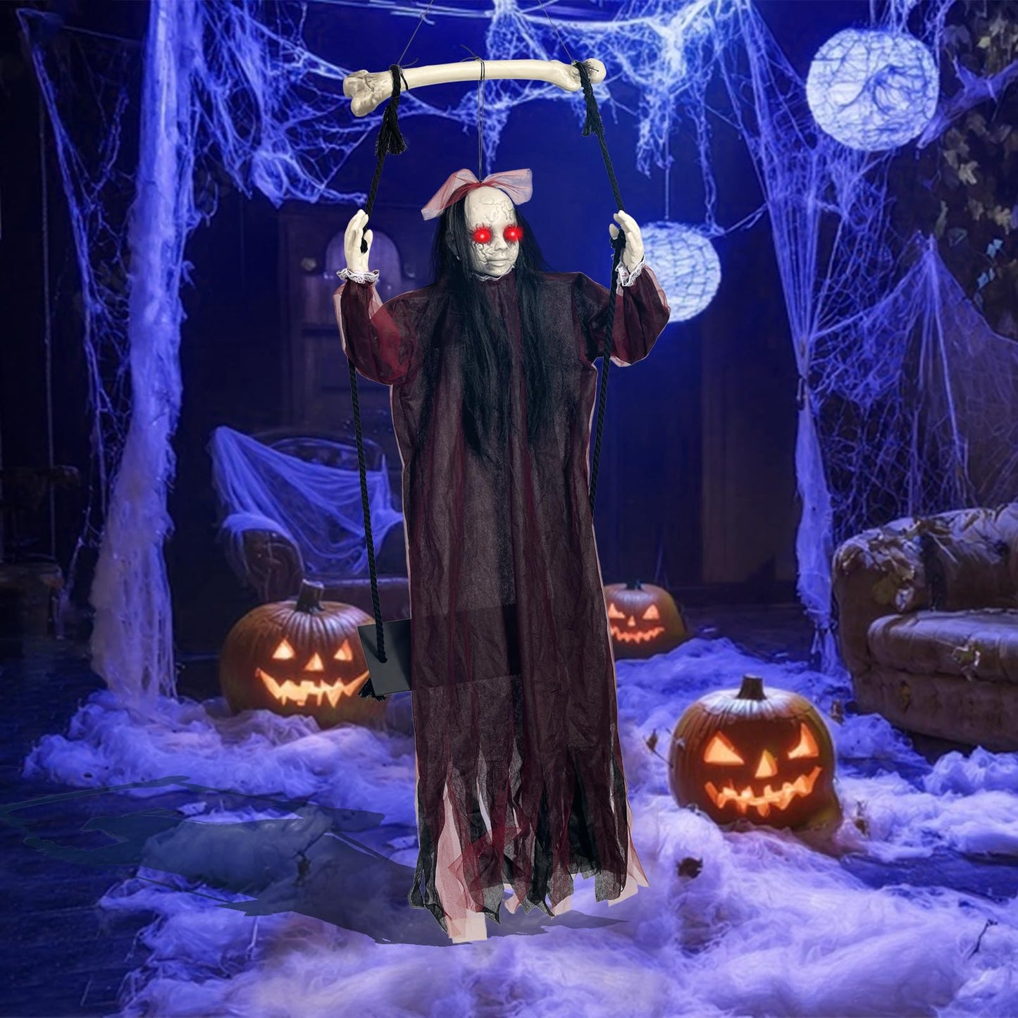 KEUCL Halloween Decorations, Hanging Swing Ghost with Voice Activated, Creepy Sound/Light Up Eyes, Halloween Animatronics Spooky Haunted House Holiday Prop for Outdoor Indoor Yard Garden Patio Trees