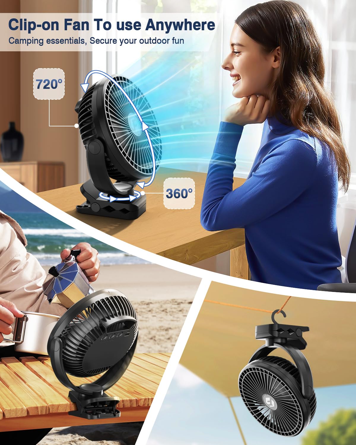 FRIZCOL 12000mAh 8 Inch Portable Clip On Fan Rechargeable, Battery Operated Desk Fan, Camping Fans with lights and Remote, USB Fans Sturdy Clamp for Golf Cart Desk Office Stroller Bedroom Tent