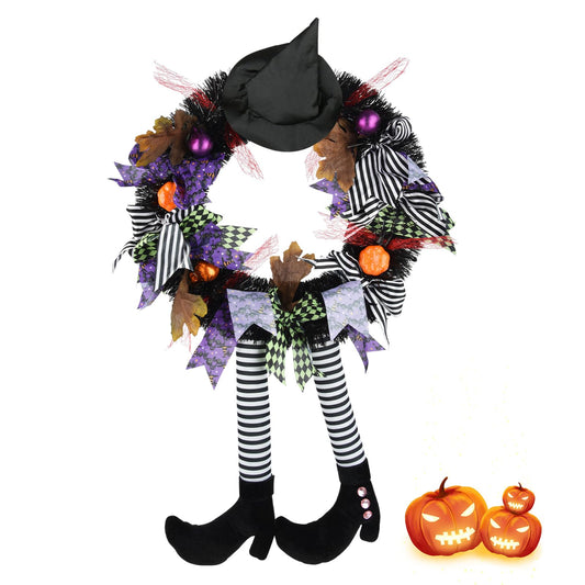 Halloween Wreaths for Front Door, Halloween Witch Wreath Black Wreath with Hat Witches Legs Pumpkin, Halloween Door Wreath Black Witch Wreath for Door,Porch,Window,Indoor and Outdoor Decor