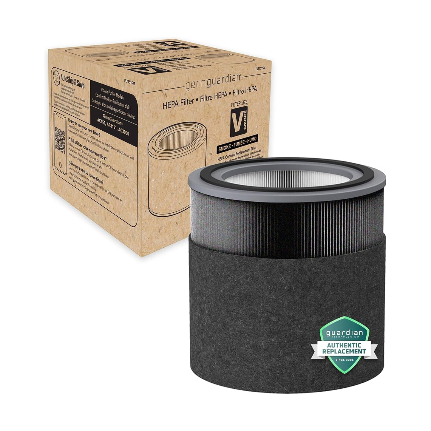 GermGuardian Filter V Smoke Clear HEPA Genuine Air Purifier Replacement Filter, Removes 99.97% of Pollutants, Wildfire Smoke, Toxins and Odors, for AC3000, AC3050, AP3151, AC151, Black/Gray, FLT151SM