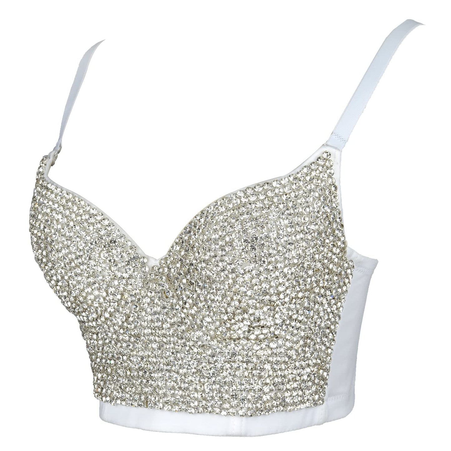 ELLACCI Women's Rhinestone Diamond Push up Bustier Crop Top Sexy Punk Corset Bra White Medium