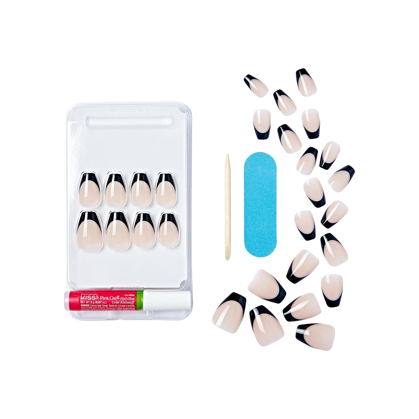 KISS Salon Acrylic, Press On Nails, Nail glue included, 'Flame', Dark Black, Short Size, Coffin Shape, Includes 28 Nails, 2g glue, 1 Manicure Stick, 1 Mini File