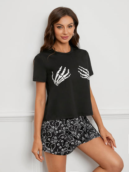 Laqeyko Halloween Pjs Women Skeleton Pajamas Sets Short Sleeve Crop Tee Shirt Top And Shorts Two Pieces Sleepwear Sets M