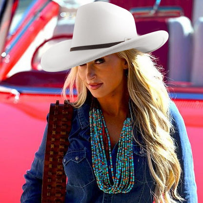 DRESHOW Classic Western Felt Cowboy Cowgirl Hat for Women Men Outdoor Wide Brim Belt Buckle Retro Panama Hat Unisex Rolled up Caps