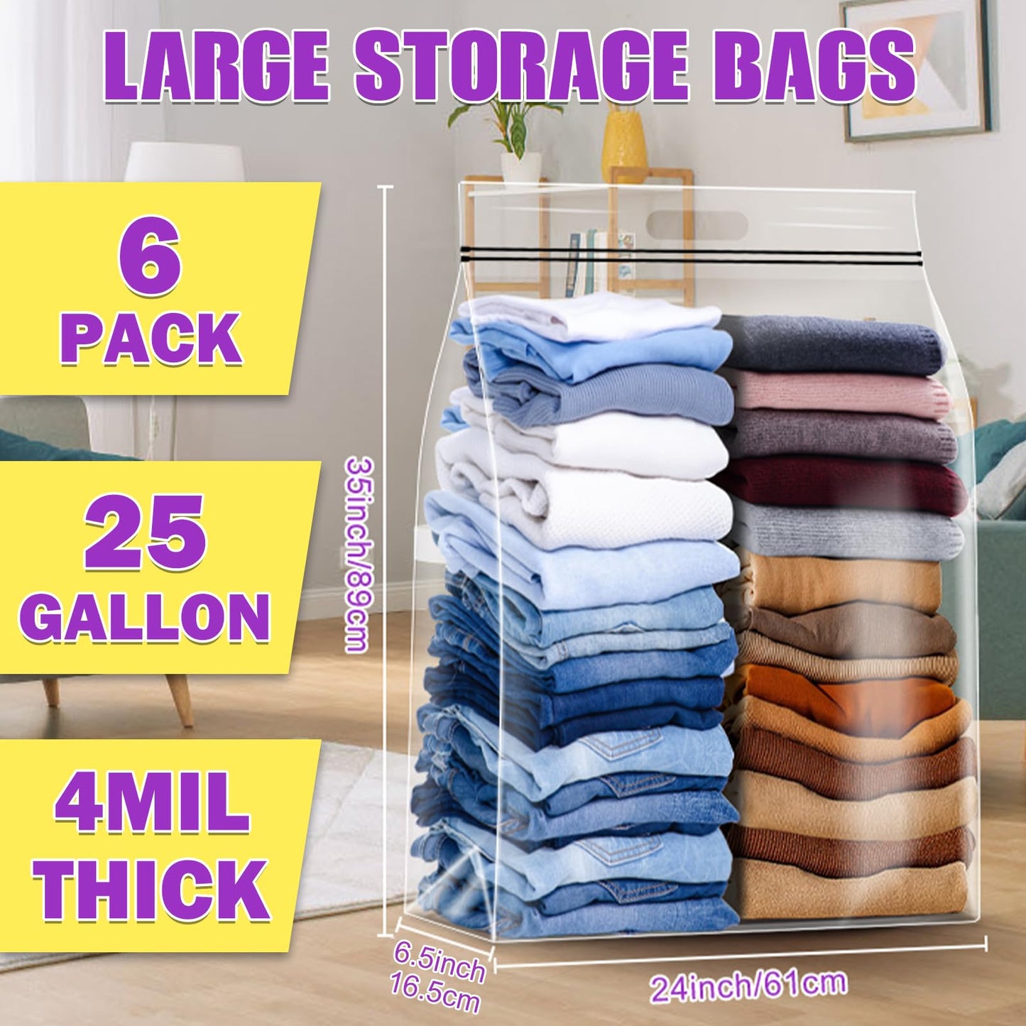 FURWEY 25 Gallon Extra Large Storage Bags 35”x 24”Resealable Clear Bags with Handle 4 Mil Thick Heavy Duty Big Bag for Clothes Pillow Travel Moving,Bedding,Shoes and Toys Storage, Pack of 6