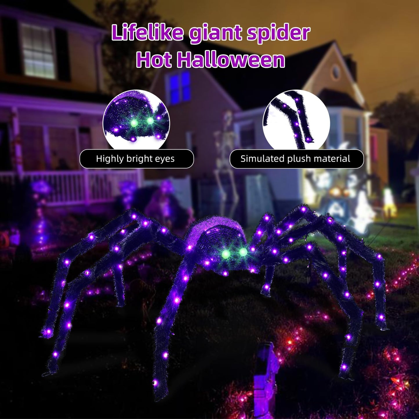 Halloween Decorations Outside Giant Spider - HOYECHI Outdoor Halloween Decor Lighted Spider 4.2FT, Light Up Spider with 90 LED Lights, Ground Stakes, for Front Yard Porch Gardens Lawns Party