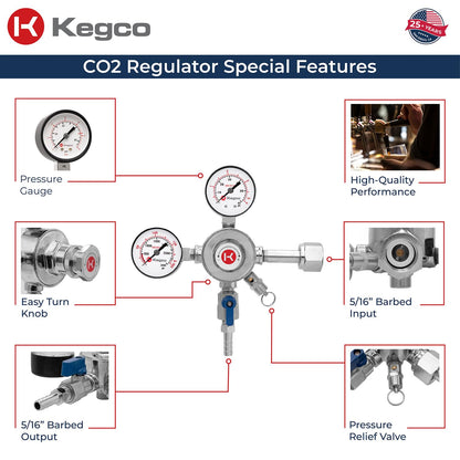 Kegco KC LH-542 Premium Pro Series Dual Gauge Co2 Draft Beer Regulator, Chrome