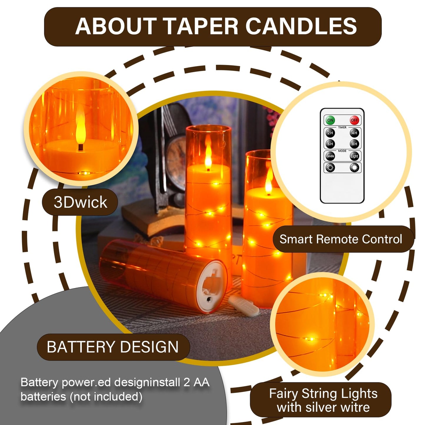 kakoya Flameless LED Candles with Timer 5 Pc Flickering Flameless Candles for Romantic Ambiance and Home Decoration Stable Acrylic Shell,with Embedded Star String，Battery Operated Candles（Orange）