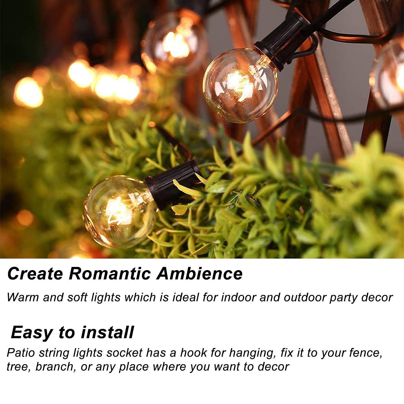 Abeja Outdoor String Light 100 Ft G40 Patio Lights with 105 Edison Glass Bulbs E12 Socket Base (5 Spare) Globe Clear Hanging Lights for Backyard Balcony Deck Party Decor, Not Connectable, Black