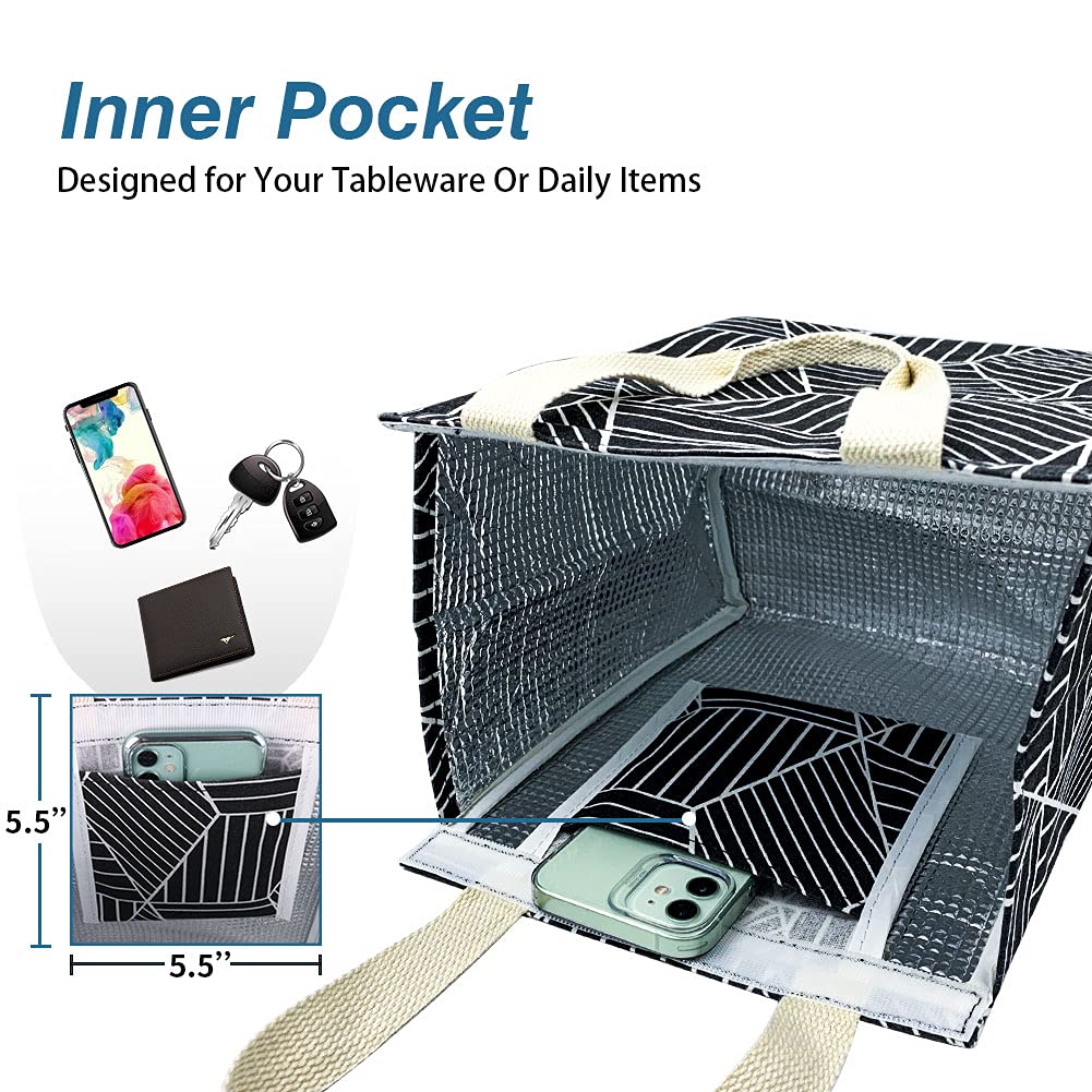 iknoe Insulated Lunch Bag for Women & Adults, 9L Foldable Wide-Open Cooler Bag with Pockets, Leakproof & Portable, for Picnic, Office, Beach, Black Rhombus