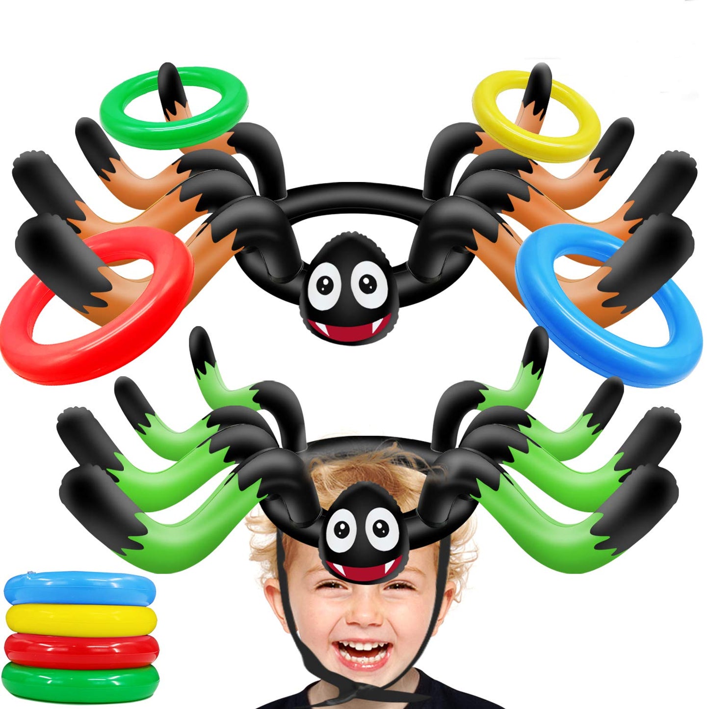 10 PCS Giant Halloween Ring Toss Games Inflatable Spider for Kids Adult Indoor Outdoor Carnival Family Party Games Spider Toys Halloween School Party Favors (2 Giant Spiders, 8 Rings)