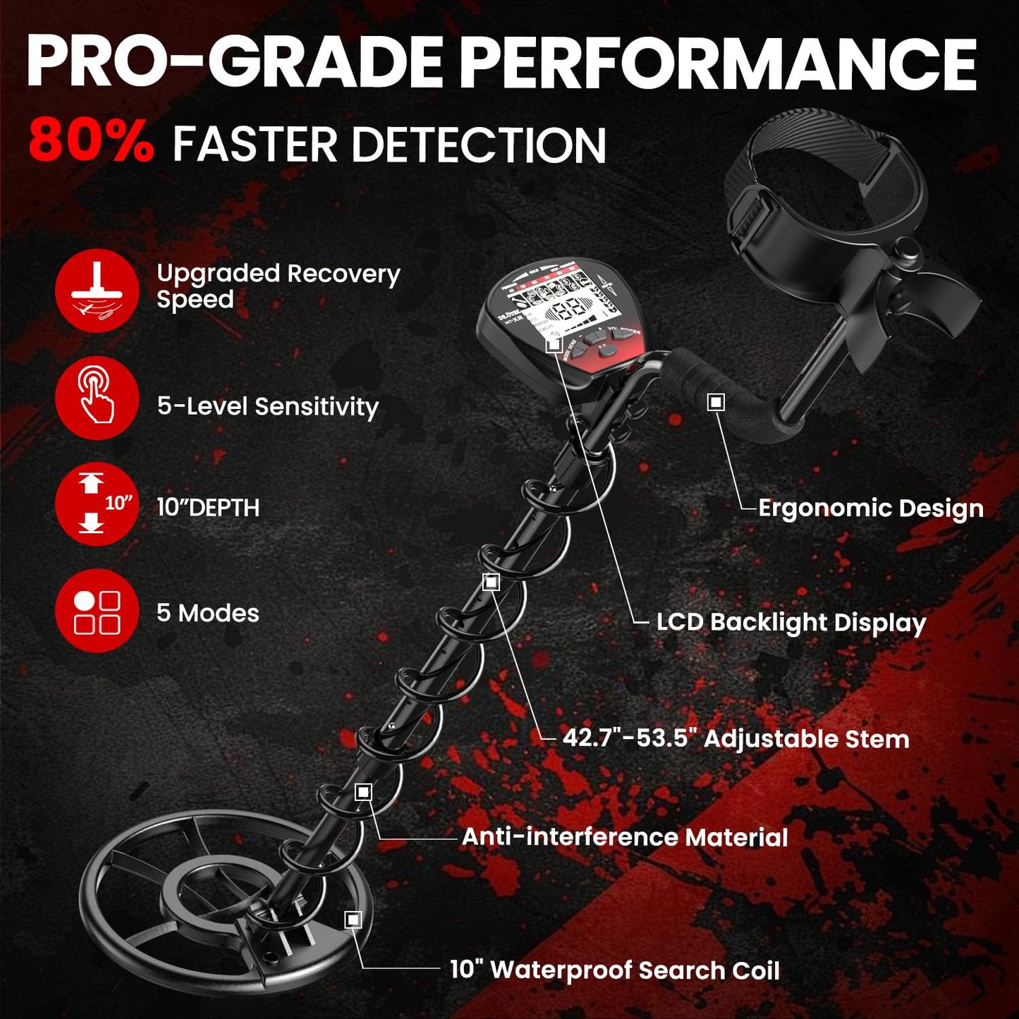 DR.ÖTEK Metal Detector for Adults Waterproof, Professional Gold Detector Kit with High Accuracy, 10" IP68 Coil, Backlight LCD Display, 5 Modes, Advanced DSP Chip for Treasure Hunting, MTXR-Red