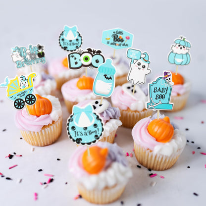 Gyufise 36Pcs Baby Shower Halloween Cupcake Toppers Ghost Bat A Baby is Brewing Cupcake Picks Baby Boo It's a Girl Cake Decorations for Halloween Theme Baby Shower Girls Birthday Party Supplies Blue