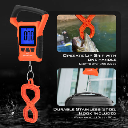 KastKing Fish Scale, WideView Floating Waterproof Digital Scale with No-Puncture Lip Gripper, 2.5” Large LCD Display, 110lb Capacity, Stores up to 9 Weights, Orange