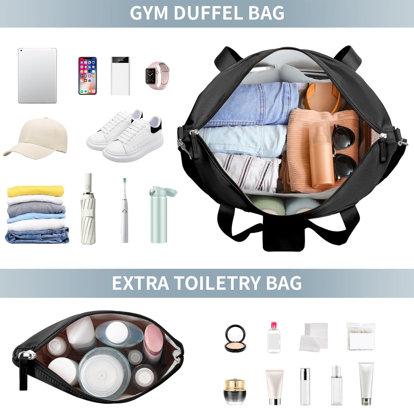 ETRONIK Gym Bag for Women, Personal Item Travel Bag with Shoes Compartment, Weekender Overnight Duffel Bag with Wet Pocket & USB Charging Port, Carry On Bag for Women, Travel, Gym, Weekend (Black)