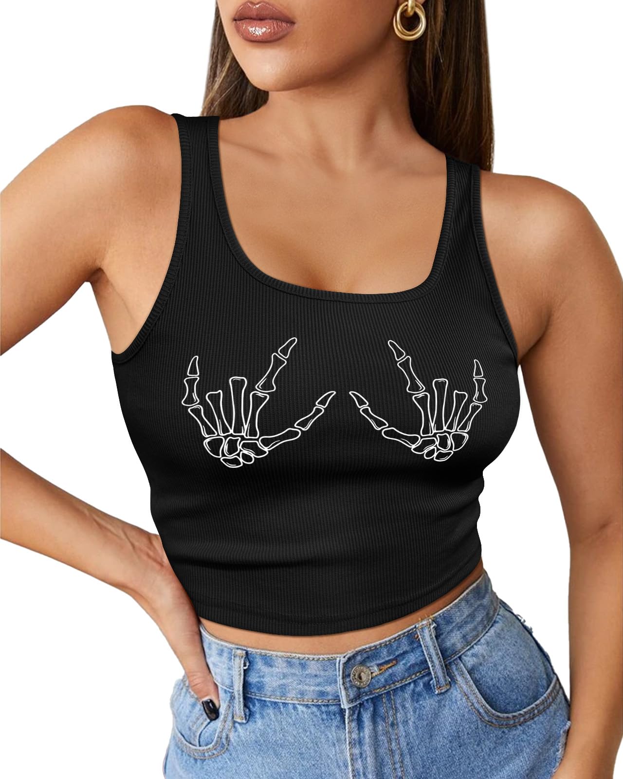 Flafens Crop Tops for Women Summer Tank Tops - Cute Ribbed Knit U Neck Graphic Sleeveless T Shirts Workout Yoga Gym Short Tanktops Skull Hand Action Teen Girls for Going Out Daily, Medium