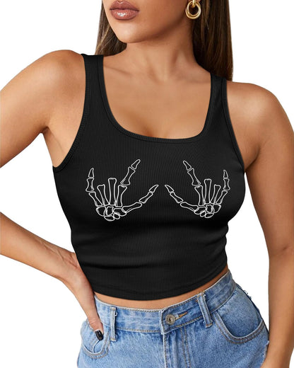 Flafens Crop Tops for Women Summer Tank Tops - Cute Ribbed Knit U Neck Graphic Sleeveless T Shirts Workout Yoga Gym Short Tanktops Skull Hand Action Teen Girls for Going Out Daily, Medium