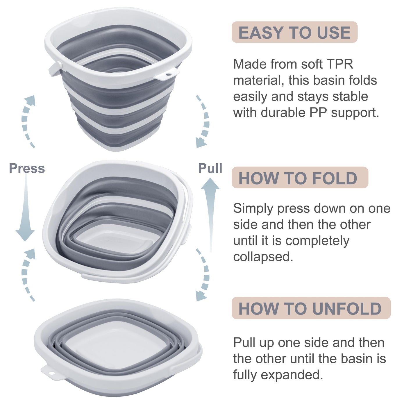 Goderewild Collapsible Bucket, 2.6 Gallon (10L) - Square Foldable Mop Bucket for House Cleaning, Car Washing, Camping - Portable Water Pail for Outdoor, RV, Travel (Grey)