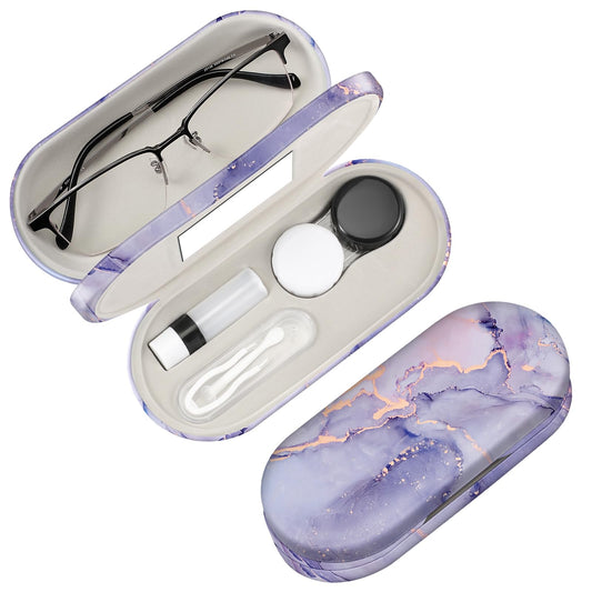 Fintie 2 in 1 Contact Lens Case and Eyeglasses Case, Double Sided Portable Eyeglasses Travel Holder with Built-in Mirror, Tweezer and Contact Lens Solution Bottle Included, Lilac Marble