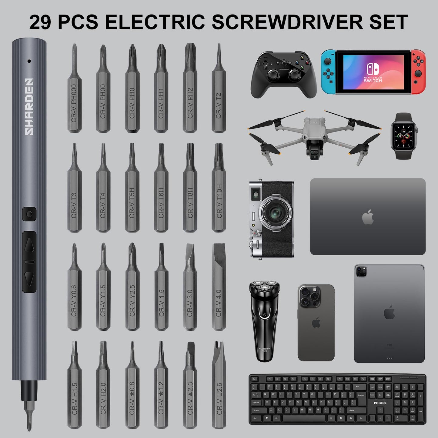 SHARDEN Mini Electric Screwdriver, 29 in 1 Small Electric Screw Driver Kit with 24 Magnetic Bits, Precision Cordless Repair Tool for Phone, Camera, Laptop, Watch