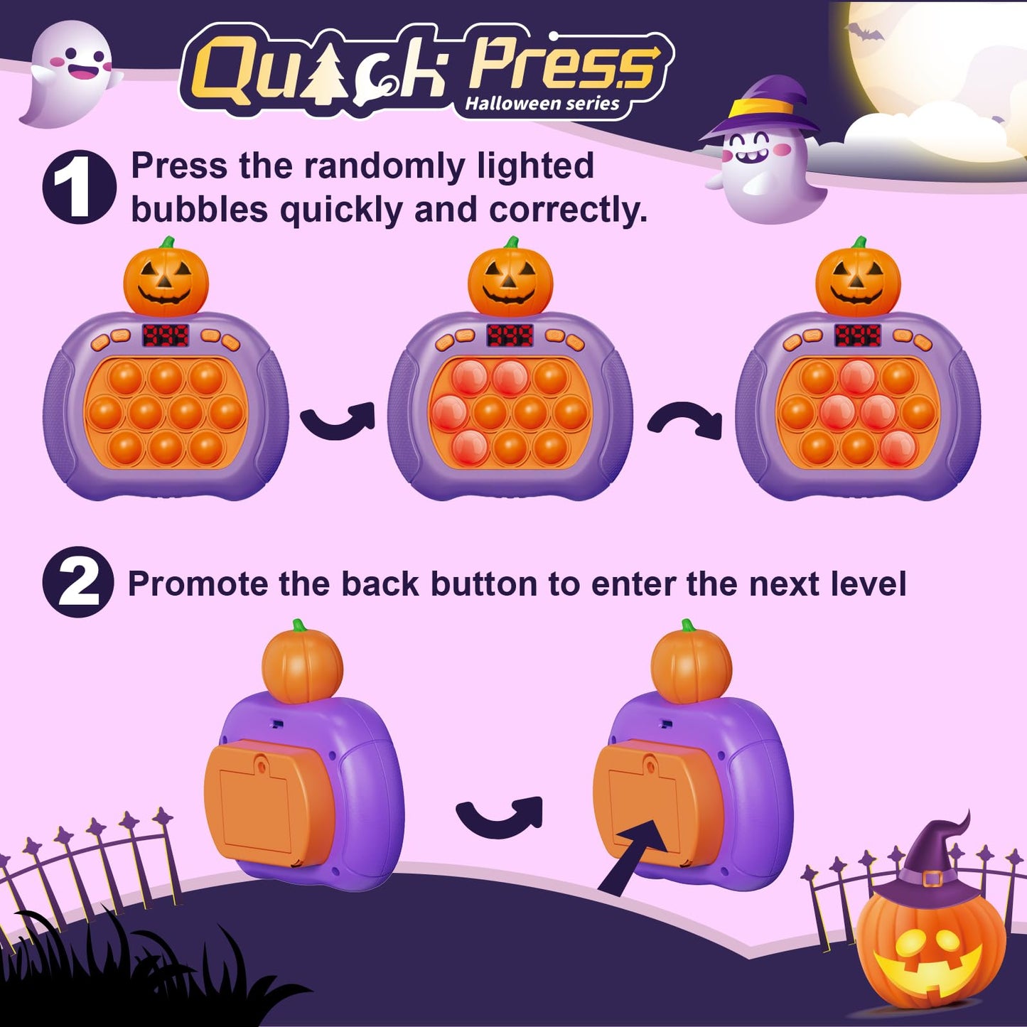 Halloween Pop Game Fidget Toys for Kids and Adults, Quick Push Pop Puzzle Light up Fidget Toy 8-12, Fast Push Bubble Sensory Toys for Kids Ages 3-12