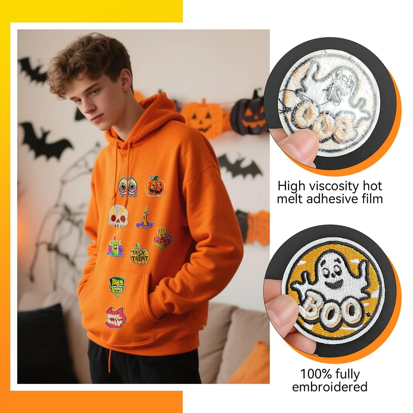 GYGYL 32Pcs Halloween Iron on Patches, Halloween Theme Cute Skull Pumpkin Ghost Black Cat Witch Bats Iron on Embroidered Patch for Jackets Backpacks Clothing