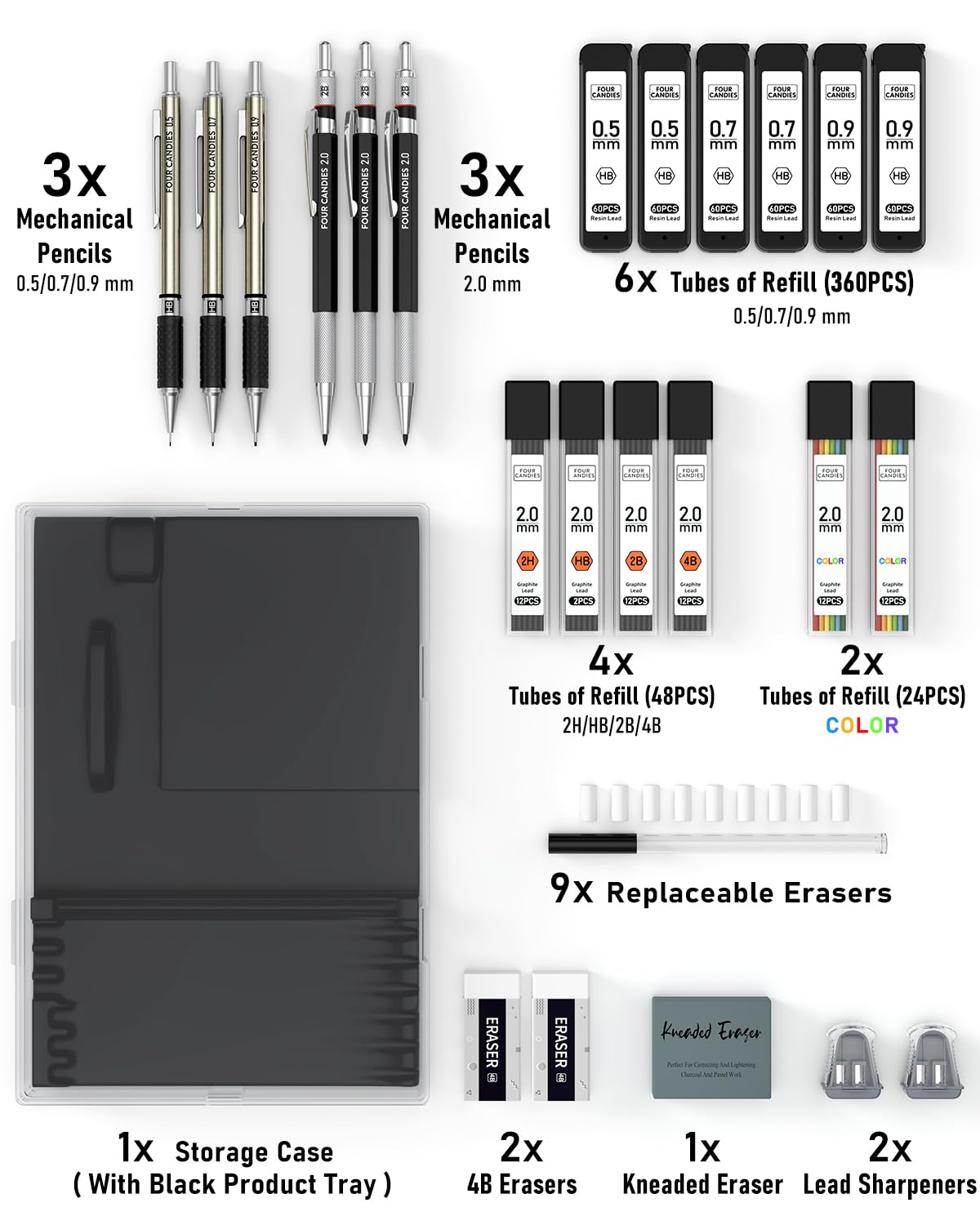 Four Candies 25PCS Art Mechanical Pencil Set with Case, 3PCS Metal Artist Lead Pencil 0.5, 0.7, 0.9 mm & 3PCS 2mm Holder (HB 2H 2B 4B Color) with 432PCS Graphite Lead Refills for Drawing Sketching