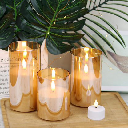 GenSwin Flameless Led Candles Flickering Battery Operated with Remote, Real Wax 3D Wick Moving Pillar Candles with Timer Remote Glass Effect for Festival Wedding Christmas Home Decor(Gold)