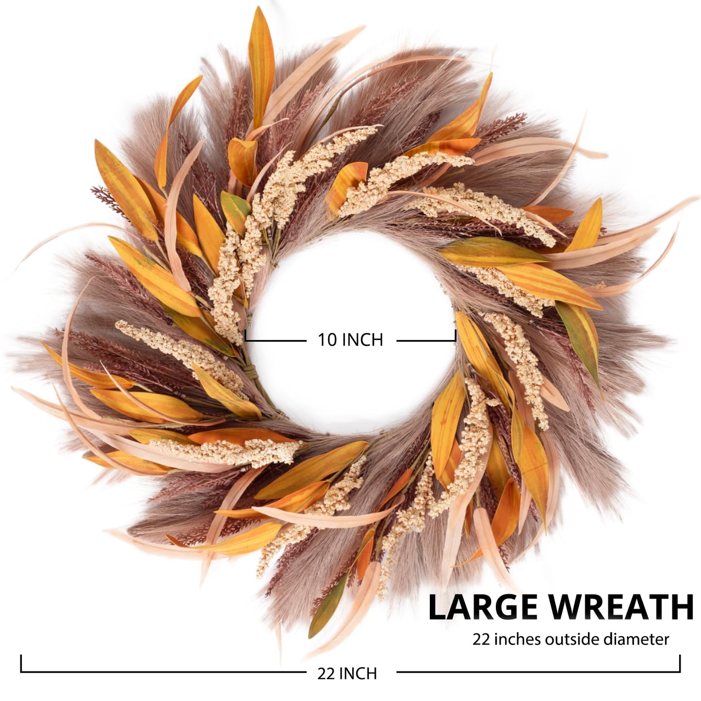 Fall Wreath 22-24inch Autumn Door Wreath with Yellow Leaves, Light Brown Reeds,Beige Wheat Ears for Farmhouse Indoor Outdoor Window Wall Thanksgiving Decor