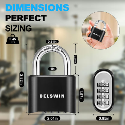 DELSWIN 4-Digit Combination Lock Outdoor Padlock - Heavy Duty Locker Lock with Hardened Steel Shackle, Waterproof Combo Lock for Gym Locker, Hasp Storage, Shed, Fence, Gate (Black,1Pcs)