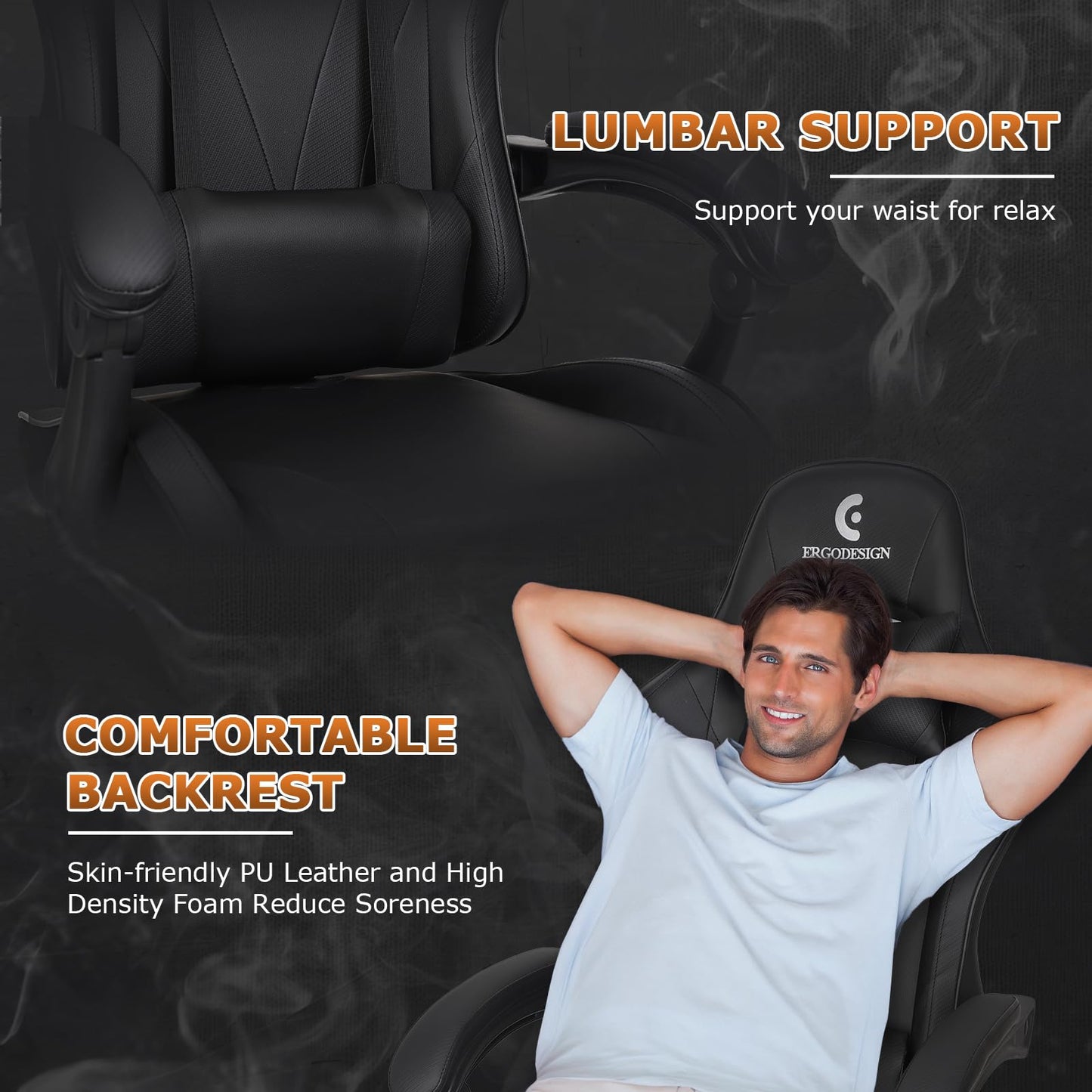 ErgoDesign Gaming Chair with Linkage Armrest & Footrest, High Back Video Gaming Chair, Black