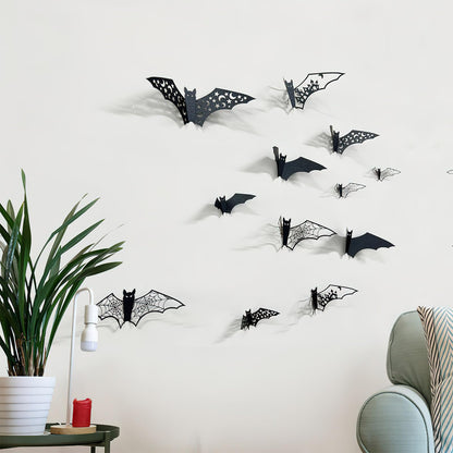 24Pcs Large Halloween Bats Decorations - 3D Self-Adhesive PVC Scary Wall Decor, Hollow Out Waterproof Black Stickers for Indoor Party Supplies, Door and Room Decals