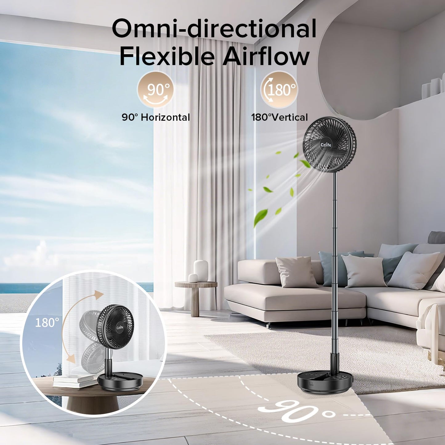 Czlife F9 Portable Fan, 10000mAh Rechargeable Battery Powered for Travel Sleeping Camping Bedroom Outdoor, Cordless Floor Desk Fan, Oscillating Folding USB Fan with Remote, 4 Speed, Timer, 7.7"