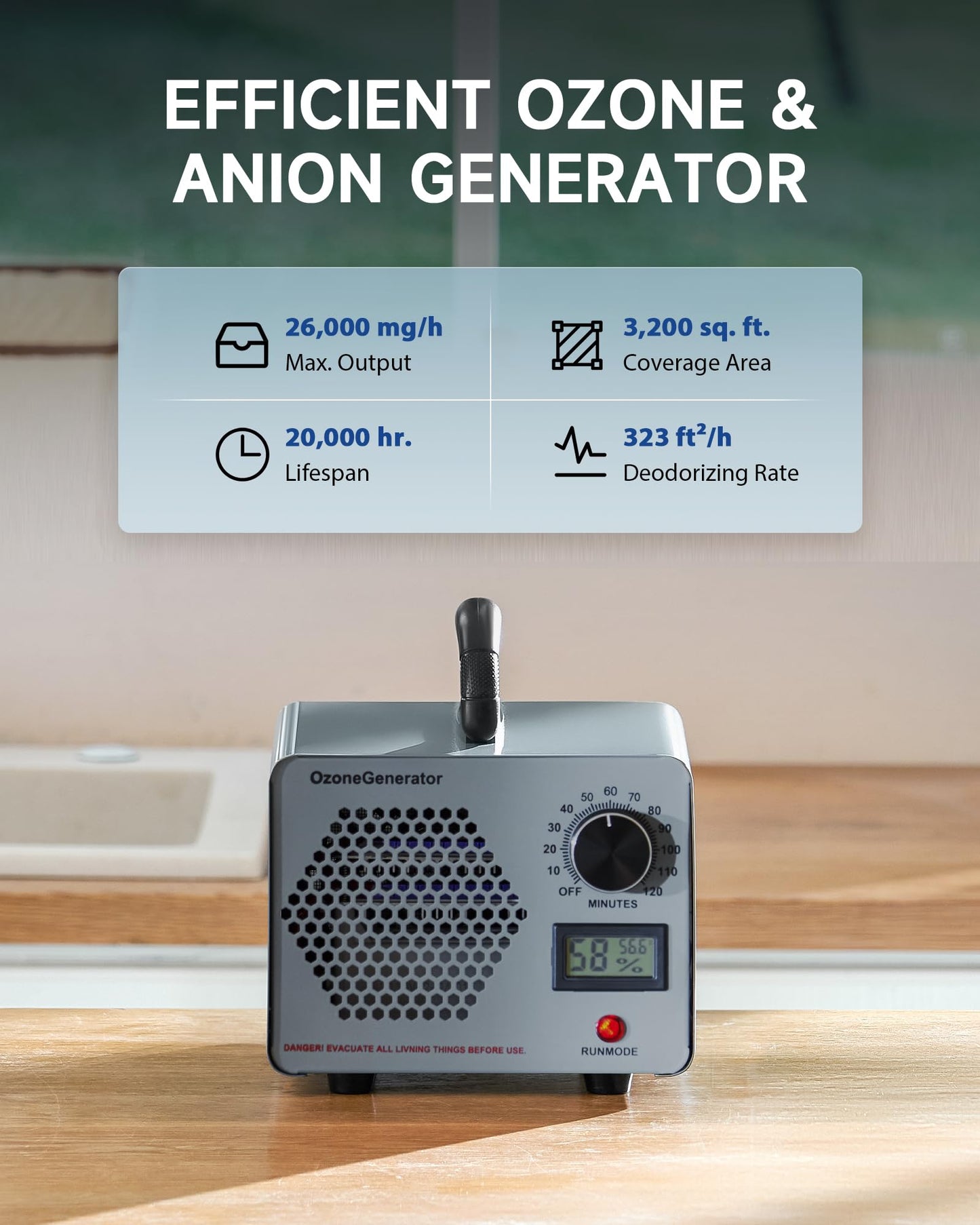 CREWORKS Ozone Odor Machine, Commercial Ozone Generator Air Purifier with Timer Display, 38000 mg/h Ozone Machine for Car Home Smoke Pet Odor Removal, High Capacity for 3200 sq ft Room, Silver