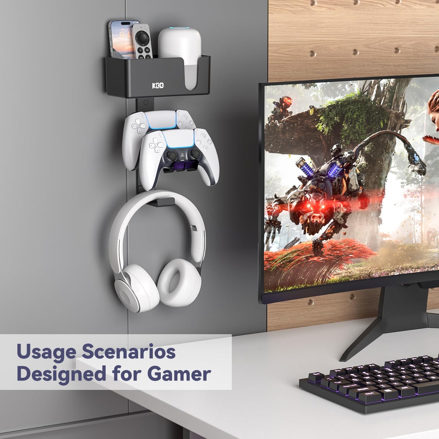 KDD 4-in-1 Wall Mount Controller Holder - Dual Game Controller and Headphone Hanger with Anti-Slip Pads for Xbox ONE/X Series/PS5/PS4 - Detachable Desk Storage for Media Remote, Phone and Speaker