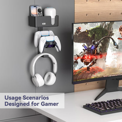 KDD 4-in-1 Wall Mount Controller Holder - Dual Game Controller and Headphone Hanger with Anti-Slip Pads for Xbox ONE/X Series/PS5/PS4 - Detachable Desk Storage for Media Remote, Phone and Speaker