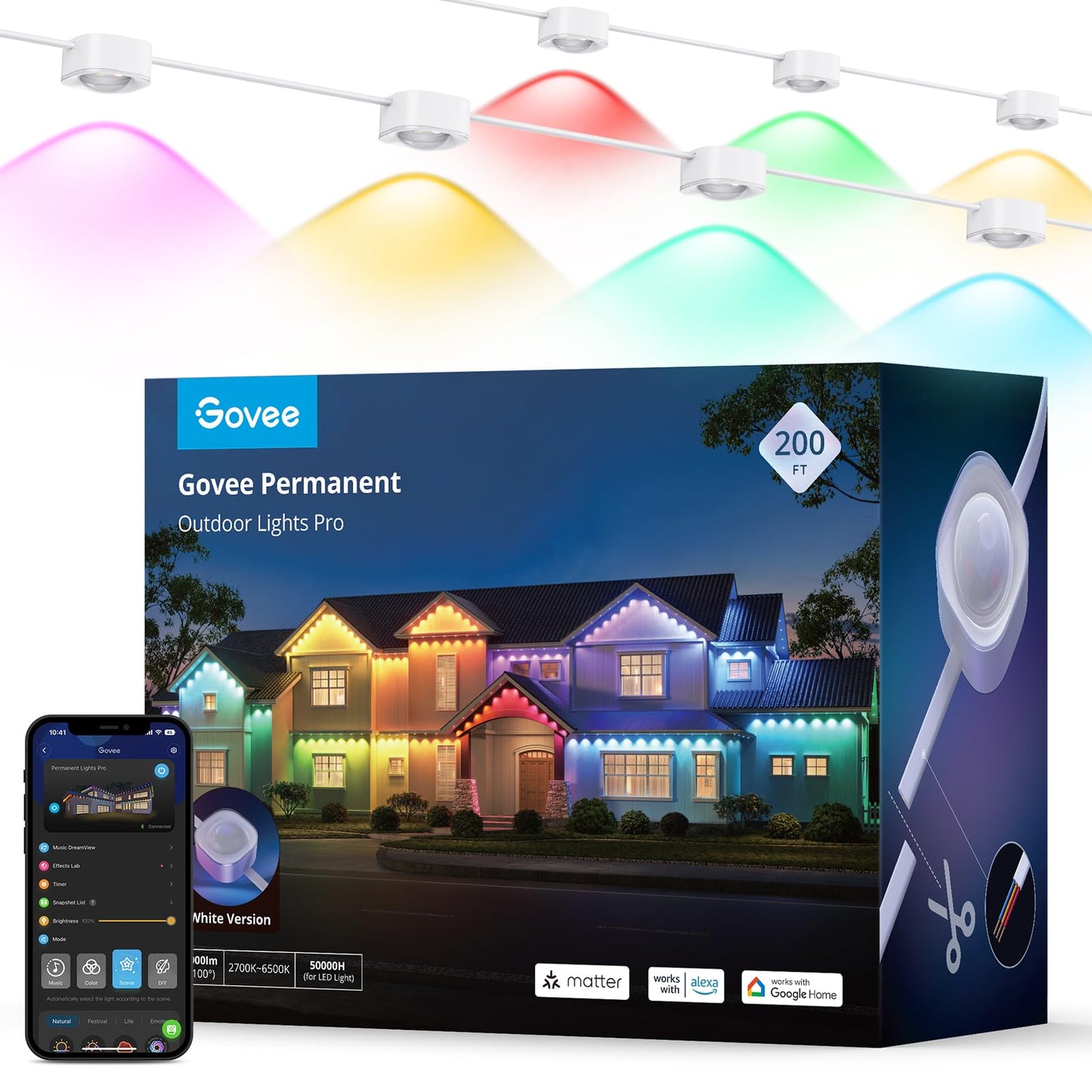 Govee Permanent Outdoor Lights Pro, 200ft with 120 RGBIC LED Lights for Daily and Accent Lighting, 75 Scene Modes for Outdoor Decor, IP67 Waterproof, Works with Alexa, Google Assistant, Matter, White