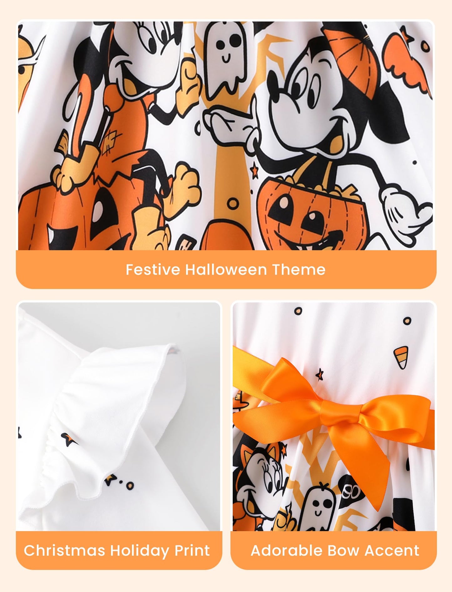 Disney Mickey Minnie Mouse Toddler Dress Girls A-Line Ruffle Long Sleeve Halloween Pumpkin Clothes Cute Kids Outfit Gift Party Costume Sizes 4-5T