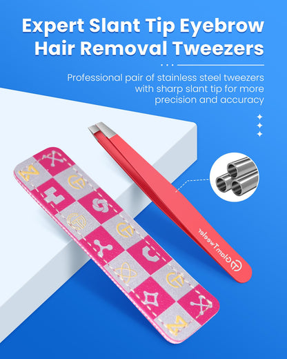 Expert Eyebrow Hair Removal Tweezer with Leather Case, GlamTweeler High Precision Slant Tip Stainless Steel Tweezers for Men and Women (Hot Pink)
