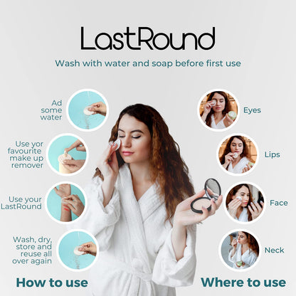 LastRound Reusable Cotton Pads - Eco friendly alternative to single use cotton rounds - Made in Denmark - Consists of 7 reusable makeup remover pads - Must Have Essential in your Makeup Bag