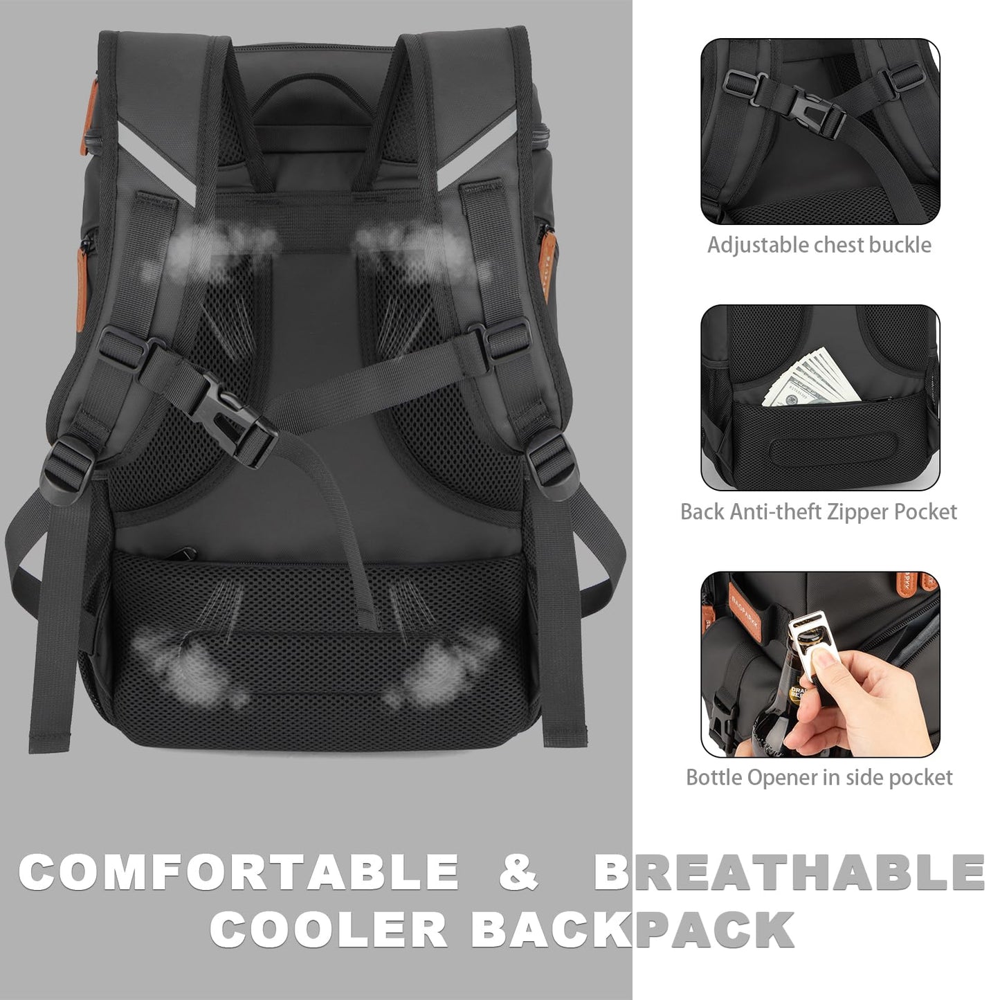 Insulated Cooler Backpack,Bagparkk 33 Cans Multifunctional Double Deck Leakproof Cooler Bag with Sternum Strap,Large Capacity Lightweight Travel Camping Beach Backpack Cooler Ice Chest for Men Women
