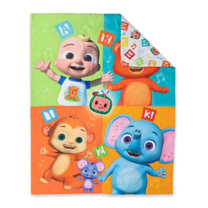 CoComelon Learning is Fun 4 Piece Toddler Bedding Set – Includes Comforter, Sheet Set – Fitted + Top Sheet + Reversible Pillowcase for Boys and Girls Bed, Letters and Music Design, Orange