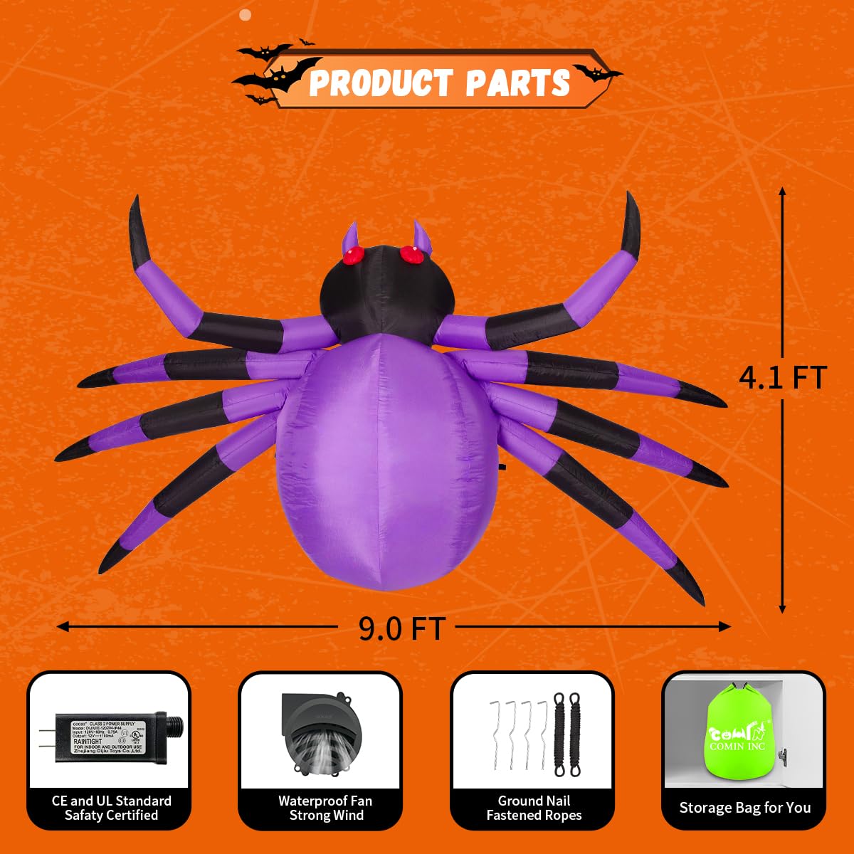 COMIN 9FT Width Halloween Inflatables Outdoor Decorations Spider Blow Up Yard Decoration with Built-in LED for Yard Garden Party Lawn (Purple)