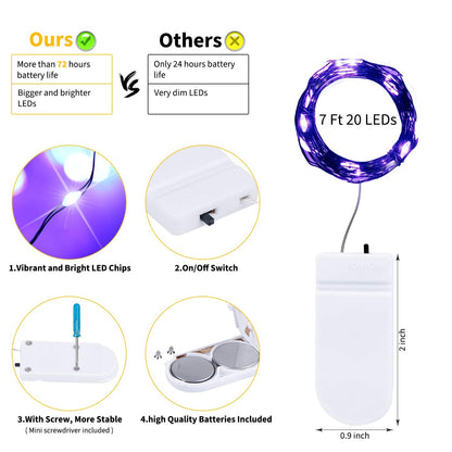 Halloween Purple Fairy String Lights: 12 Pack 7 Ft 20 LED Battery Operated Firefly Lights on Black Wire Starry Moon Lights for DIY Party Bedroom Patio