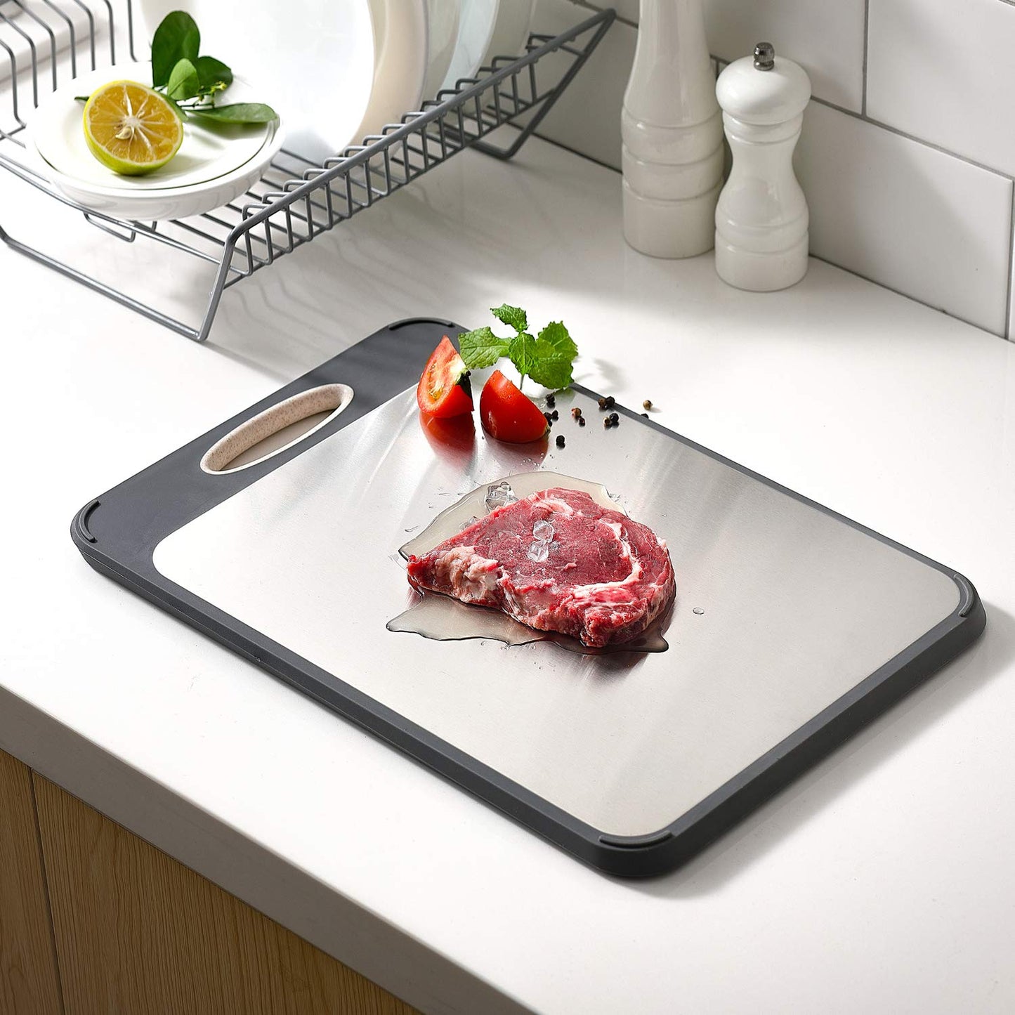 GUANCI Cutting Board for Kitchen, Stainless Steel Cutting Board Double Sided for Chopping Meat/Vegetables, Stainless Steel/Wheat Straw PP, Kitchen Gifts Easy to Clean Large 16”×11”